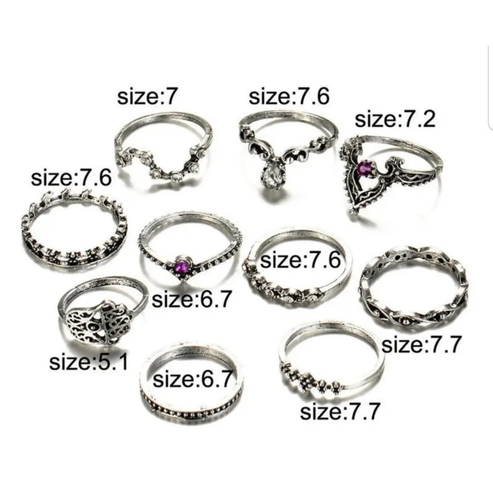 Dainty antique silver 10 piece boho crystal stackable ring set - Picture 2 of 2
